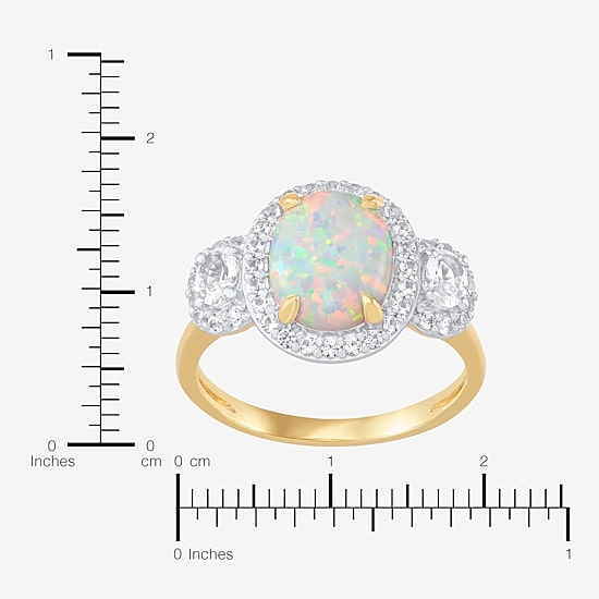 Womens Lab Created White Opal 14K Gold Over Silver Oval Halo 3-Stone Cocktail Ring