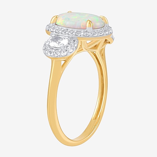 Womens Lab Created White Opal 14K Gold Over Silver Oval Halo 3-Stone Cocktail Ring