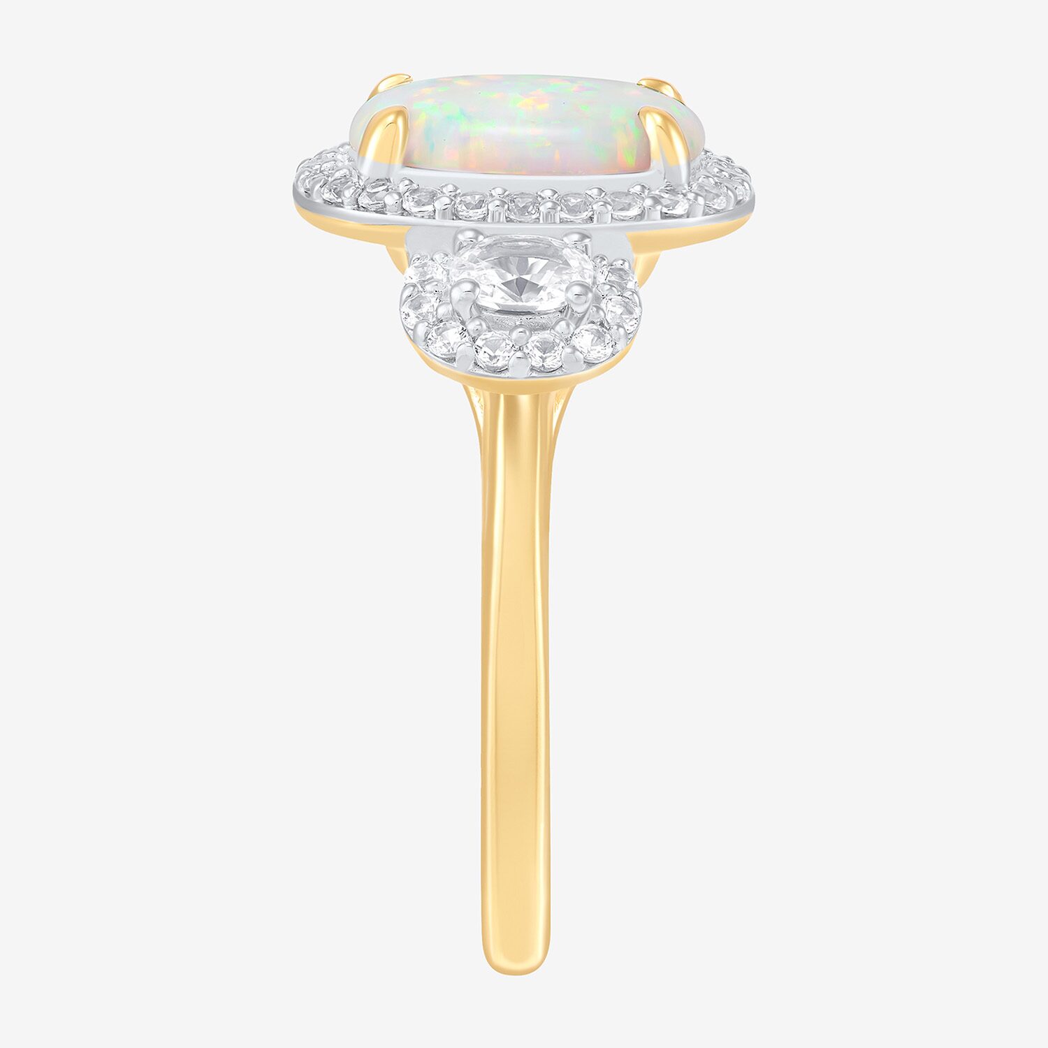 Womens Lab Created White Opal 14K Gold Over Silver Oval Halo 3-Stone Cocktail Ring