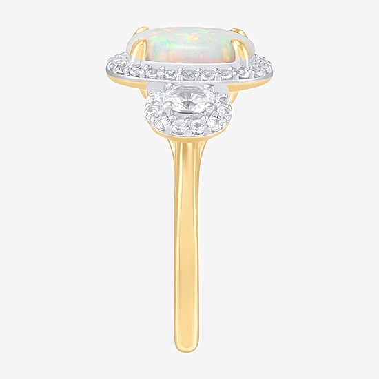 Womens Lab Created White Opal 14K Gold Over Silver Oval Halo 3-Stone Cocktail Ring