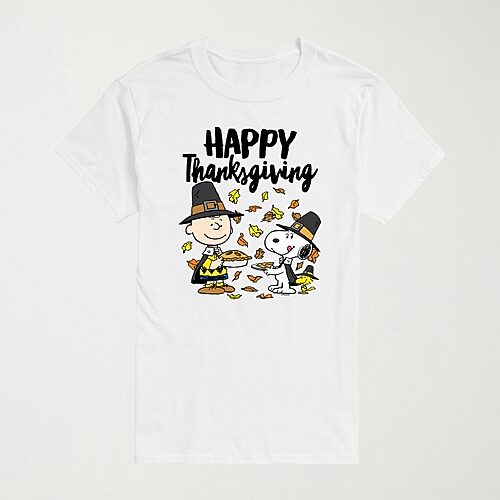 Happy Thanksgiving Mens Crew Neck Short Sleeve Regular Fit Peanuts Snoopy Graphic T-Shirt, Small, White