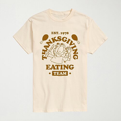 Thanksgiving Eating Team Mens Crew Neck Short Sleeve Regular Fit Garfield Graphic T-Shirt, X-large, Beige