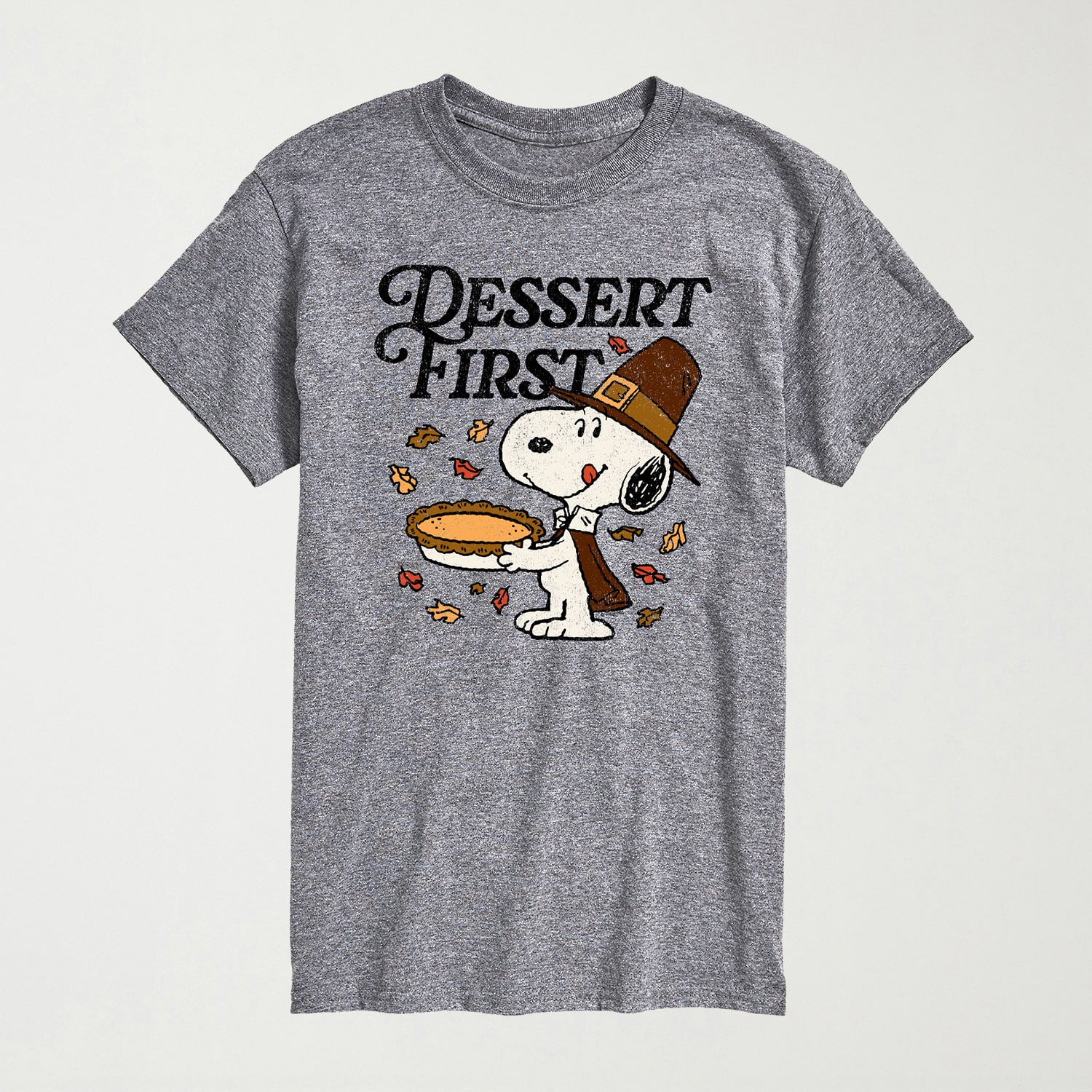 Dessert First Thanksgiving Pie Mens Crew Neck Short Sleeve Regular Fit Peanuts Snoopy Graphic T-Shirt