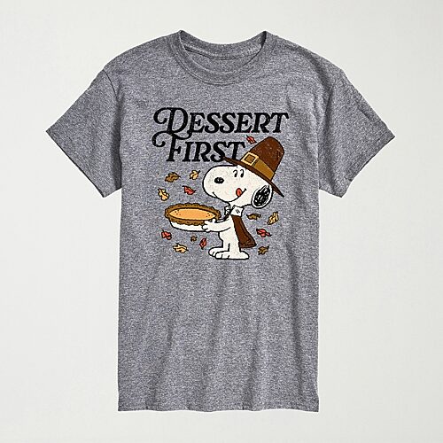 Dessert First Thanksgiving Pie Mens Crew Neck Short Sleeve Regular Fit Peanuts Snoopy Graphic T-Shirt, Medium, Gray