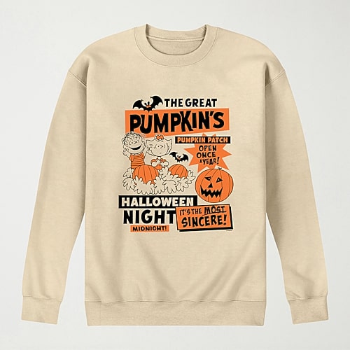 Airwaves Men's The Great Pumpkins Pumpkin Patch Linus and Sally Graphic Crewneck Fleece Long-Sleeve Sweatshirt - Cream