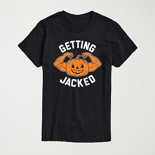 Getting Jacked Pumpkin Halloween Mens Crew Neck Short Sleeve Regular Fit Graphic T-Shirt, Medium, Black