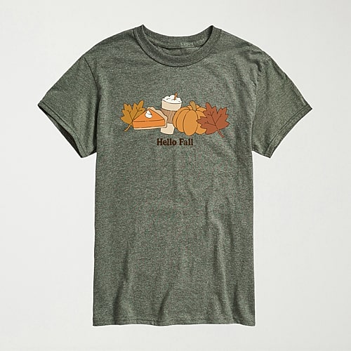 Airwaves Men's Hello Fall Pumpkin Graphic Crew Neck T-Shirt - Heather Military Green