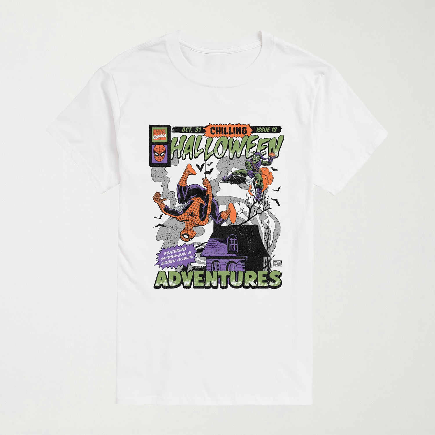 Halloween Adventures Green Goblin Mens Crew Neck Short Sleeve Regular Fit Spiderman Graphic T-Shirt