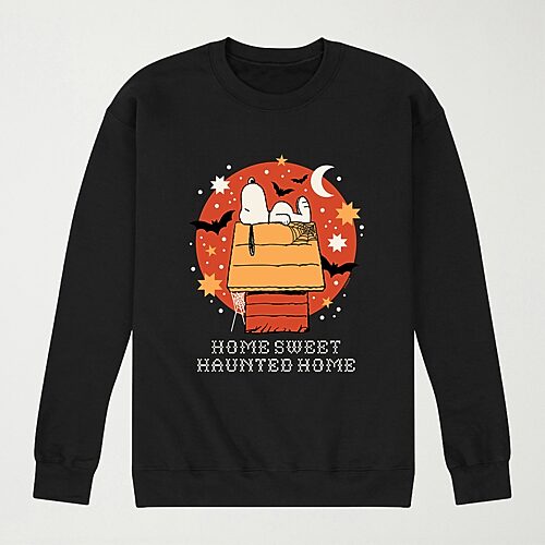 Home Sweet Haunted Home Halloween Mens Crew Neck Long Sleeve Regular Fit Peanuts Snoopy Graphic T-Shirt, X-large, Black