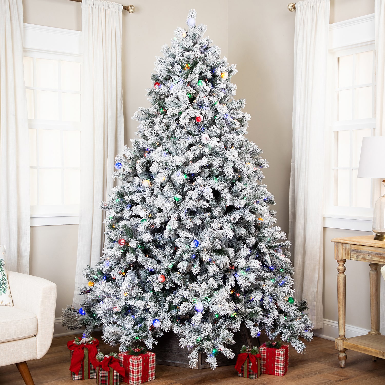 Northlight Pre Lit Full Flocked Glacier Pine Artificial Led 8 Foot Pine Christmas Tree