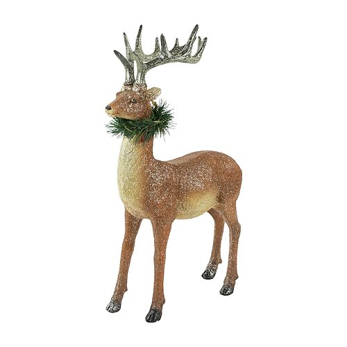 Northlight 15.5" Standing Glittered Reindeer With Pine Neck Wreath Christmas Figurine In Brown