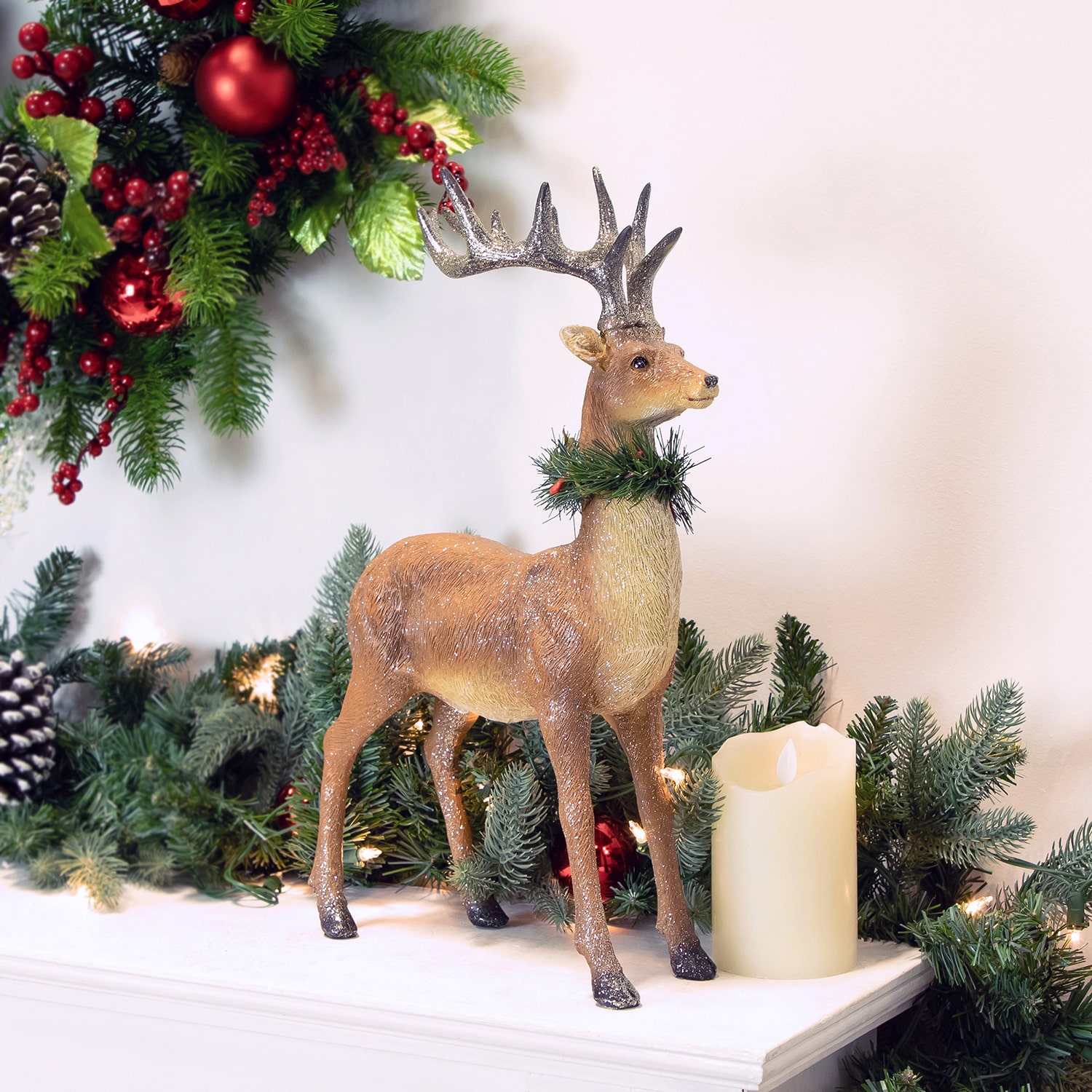 Northlight 15.5" Standing Glittered Reindeer With Pine Neck Wreath Christmas Figurine