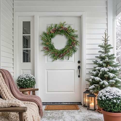 35850635 28 in. Mixed Birch & Cedar Iced Pinecone Artificial Christmas Wreath with Unlit, Green
