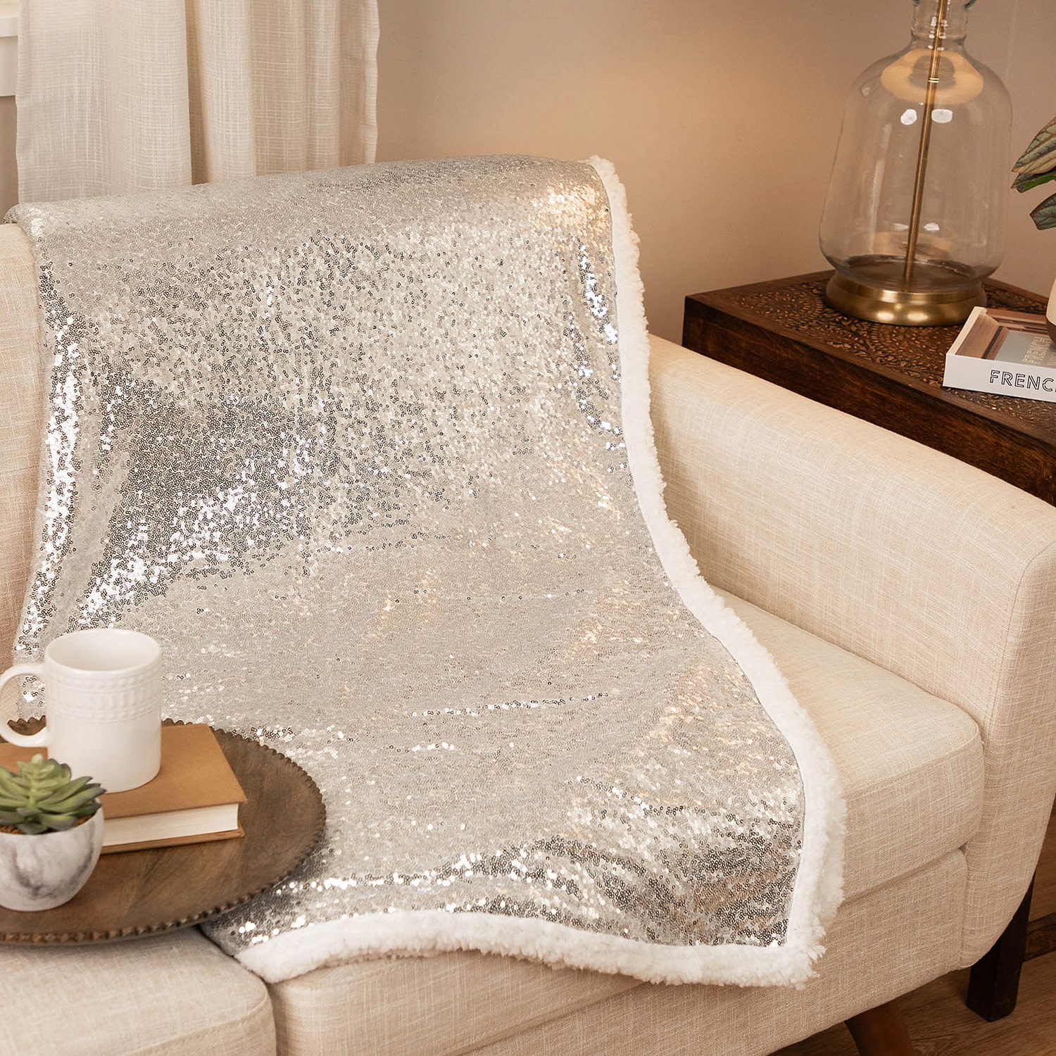 Northlight 49"Shimmering Sequins With Fleece Throw Blanket Throw Pillow