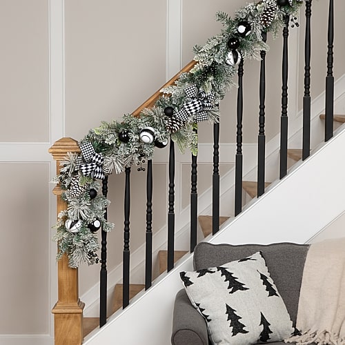 Northlight 6ft Flocked Pine With Harlequin Ornaments And Bows Artificial Christmas Outdoor Garland, One Size, Black