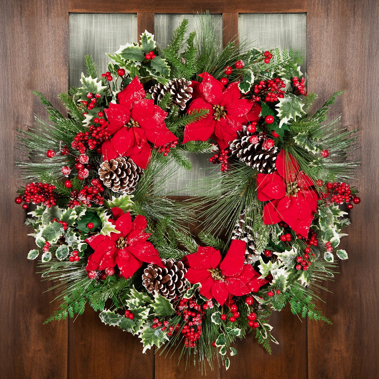 Northlight 30" Poinsettia And Pinecone Mixed Pine Artificial Wreath