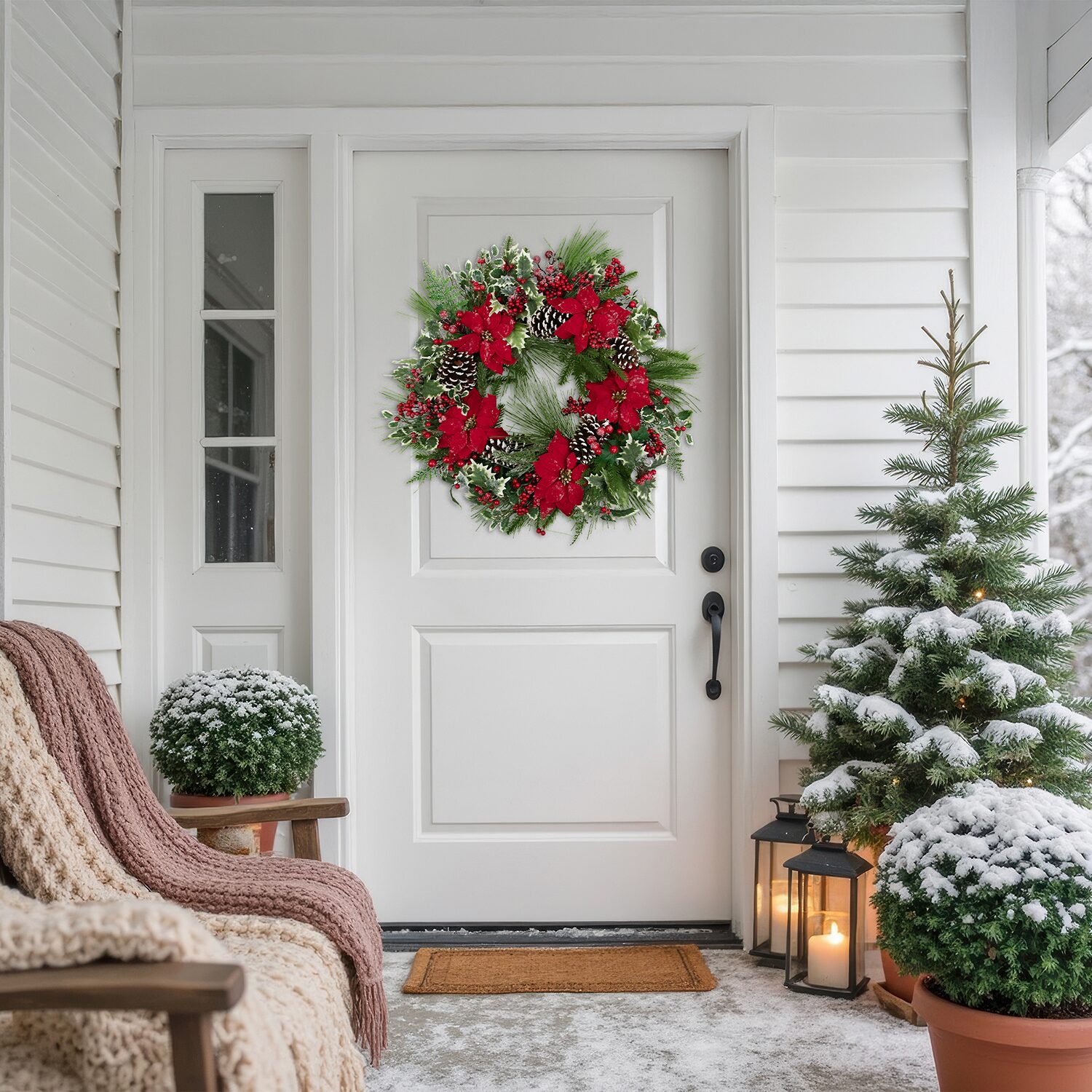 Northlight 30" Poinsettia And Pinecone Mixed Pine Artificial Wreath