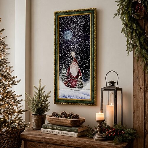 Northlight 31" Led Lighted Musical Snowing Santa Matted Wall Art, One Size, Green