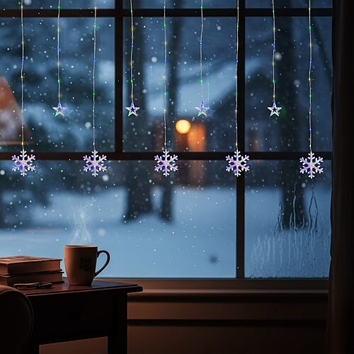 34851528 16 ft. Multicolor LED Star & Snowflake Window Curtain Christmas Lights with Clear Wire - 250 Count
