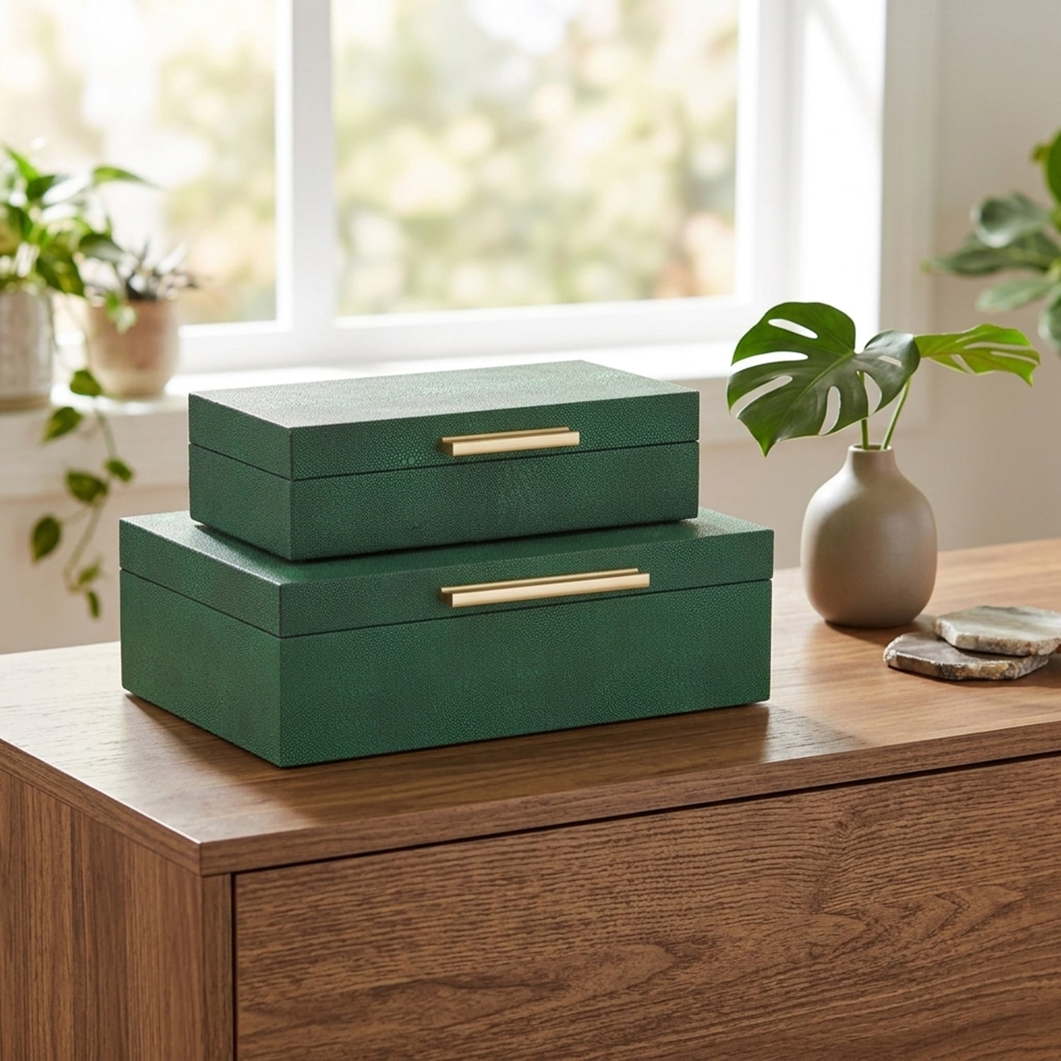Cheungs Green Faux Shagreen Rectangular 2-pc. Decorative Box