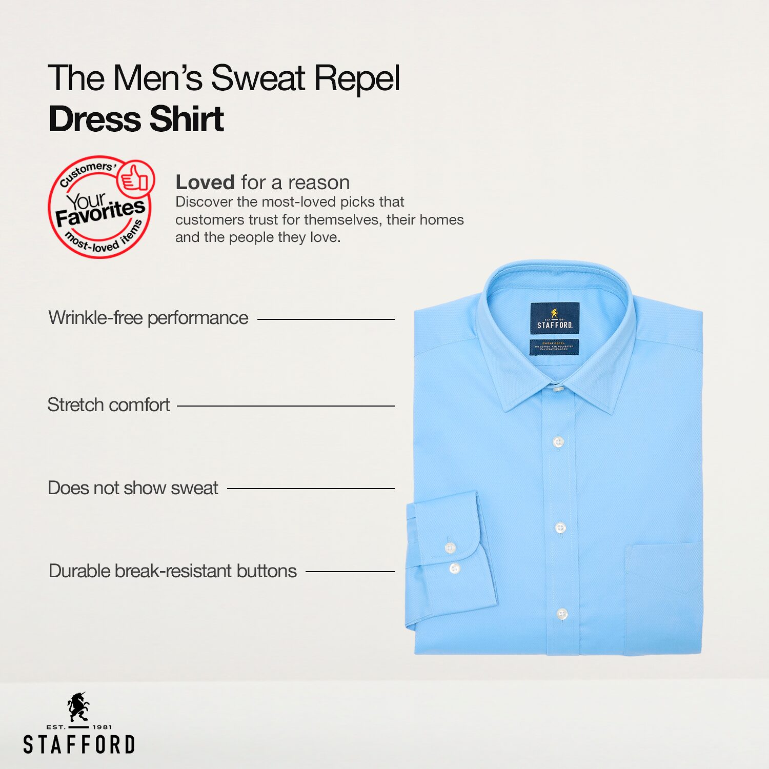 Stafford Sweat Repel Advanced Performance Mens Regular Fit Stretch Fabric Wrinkle Free Long Sleeve Dress Shirt