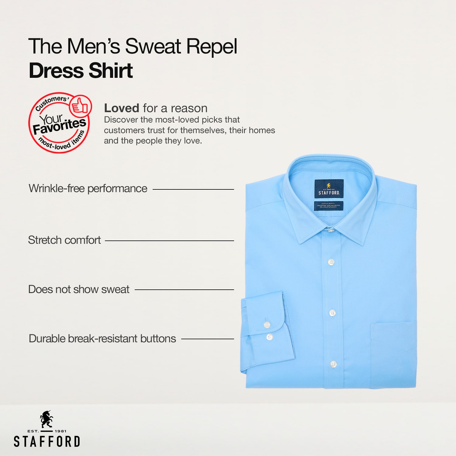 Stafford Sweat Repel Advanced Performance Mens Regular Fit Stretch Fabric Wrinkle Free Long Sleeve Dress Shirt