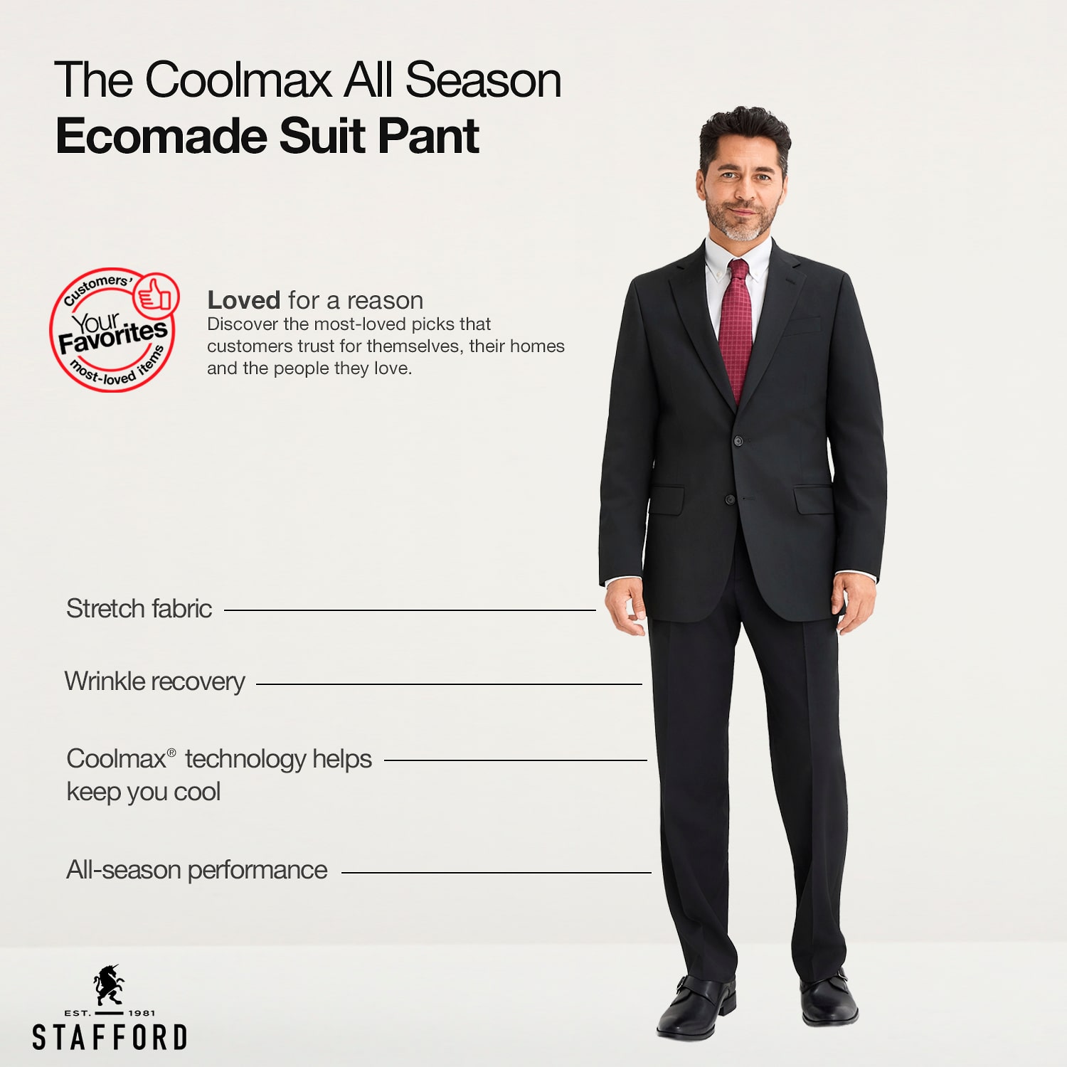 Stafford Coolmax All Season Ecomade Mens Big and Tall Stretch Fabric Classic Fit Pleated Front Suit Pant