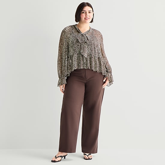 A.N.A Womens Plus Split Tie Neck Long Sleeve Blouse