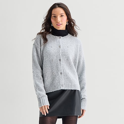 Ana Womens Crew Neck Long Sleeve Embellished Button Cardigan In Gray