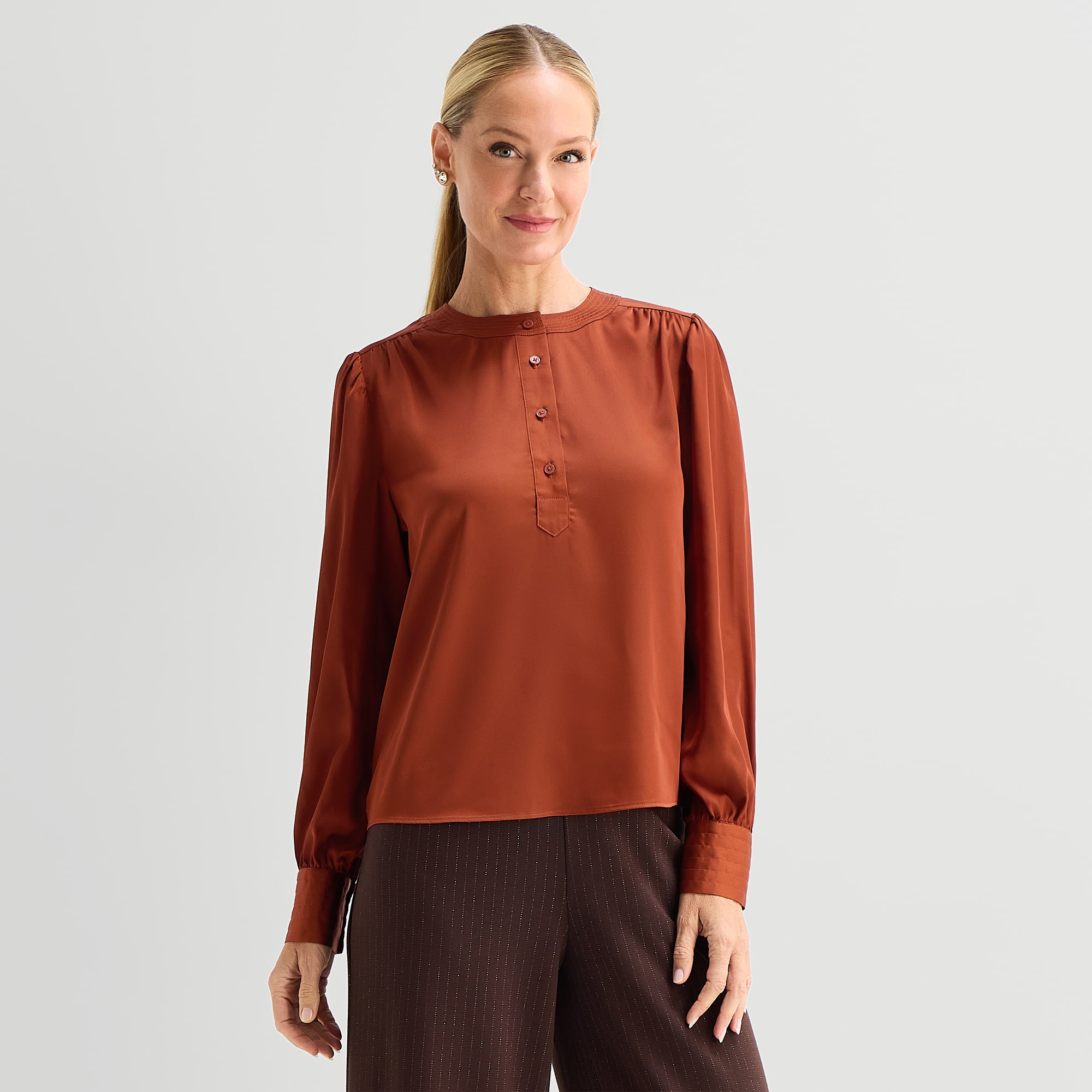 Liz Claiborne Womens Henley Neck Long Sleeve Satin Blouse