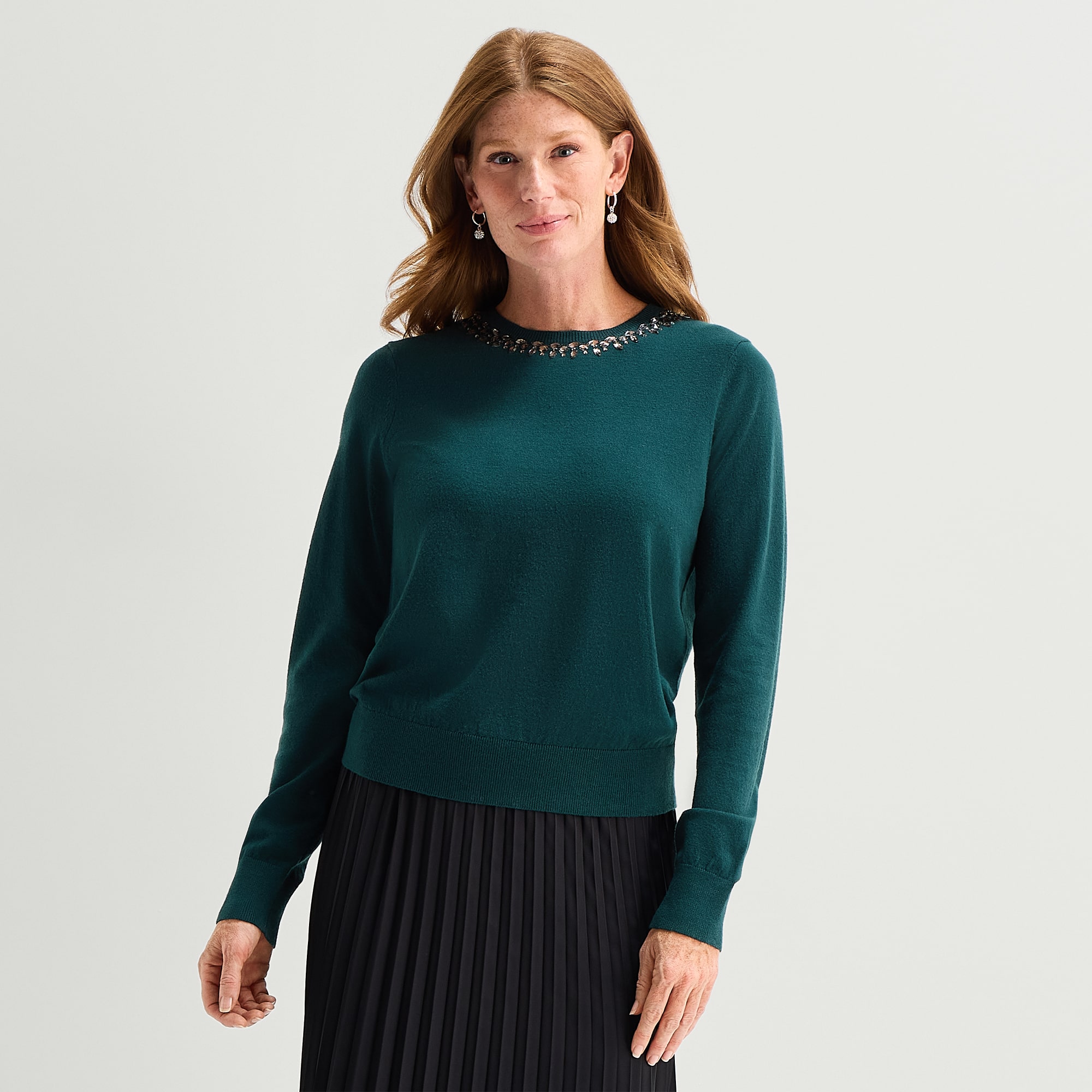 Liz Claiborne Womens Crew Neck Embellished Long Sleeve Pullover Sweater