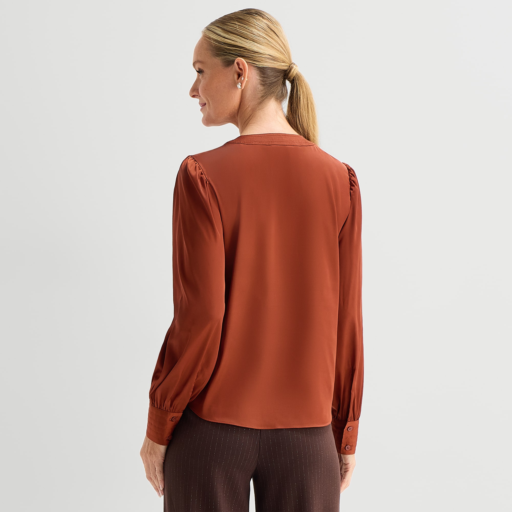 Liz Claiborne Womens Henley Neck Long Sleeve Satin Blouse