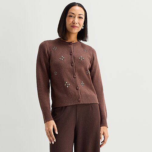 Liz Claiborne Womens Crew Neck Long Sleeve Button Cardigan In Brown