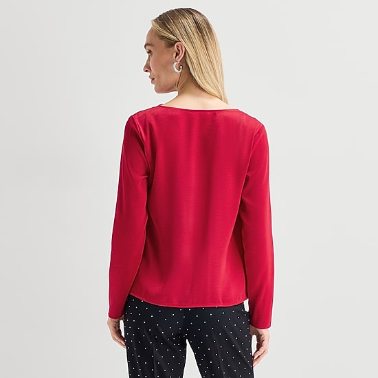 Liz Claiborne Womens Draped Neck Long Sleeve Satin Blouse