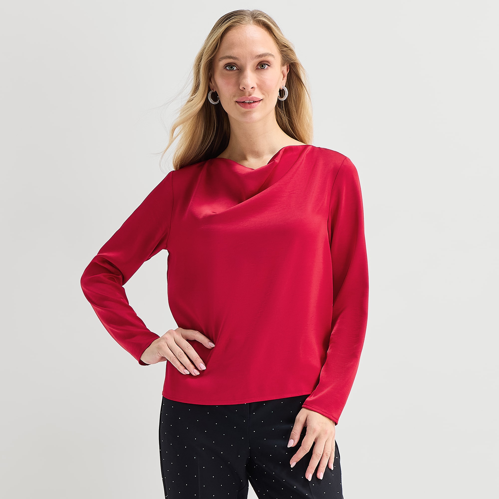 Liz Claiborne Womens Draped Neck Long Sleeve Satin Blouse