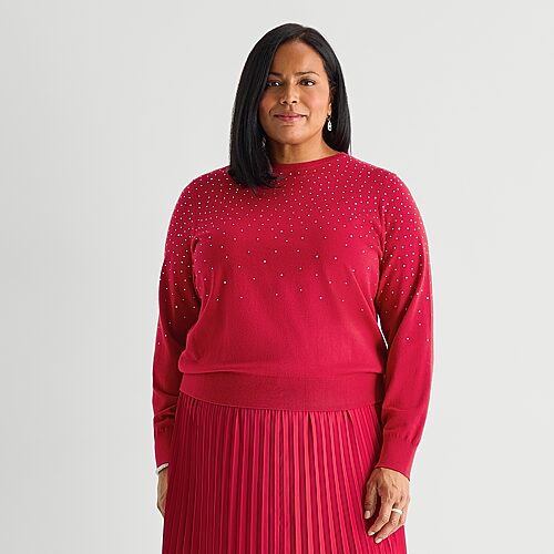 Liz Claiborne Plus Womens Crew Neck Long Sleeve Pullover Sweater In Red