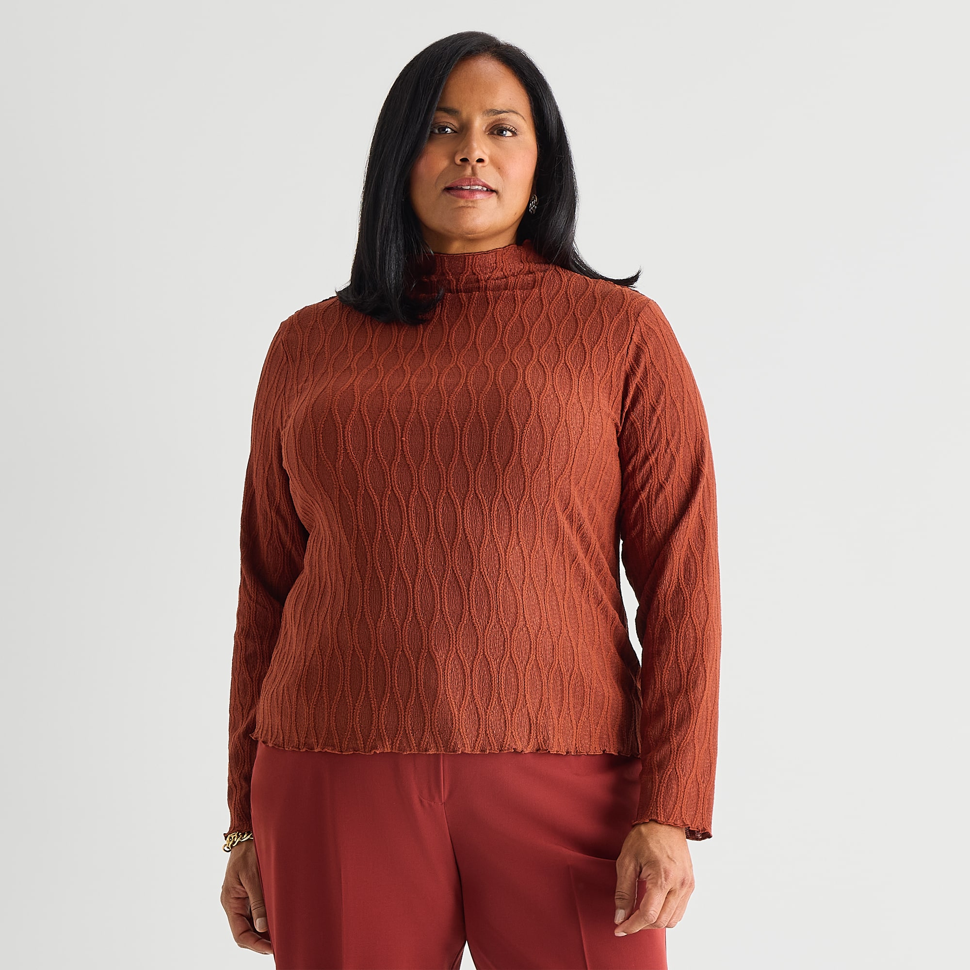 Liz Claiborne Womens Plus Mock Neck Long Sleeve Blouse