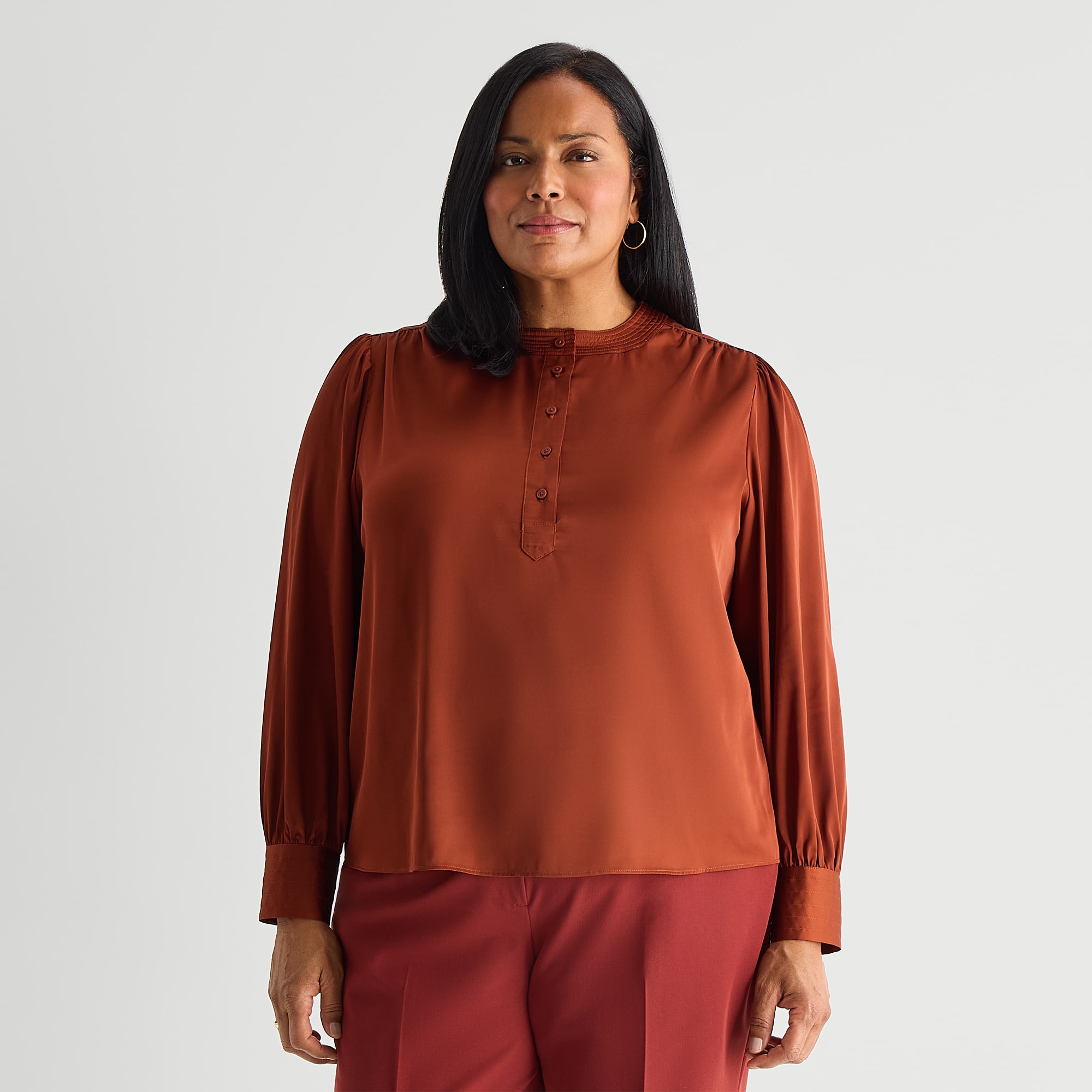 Liz Claiborne Womens Plus Henley Neck Long Sleeve Satin Blouse