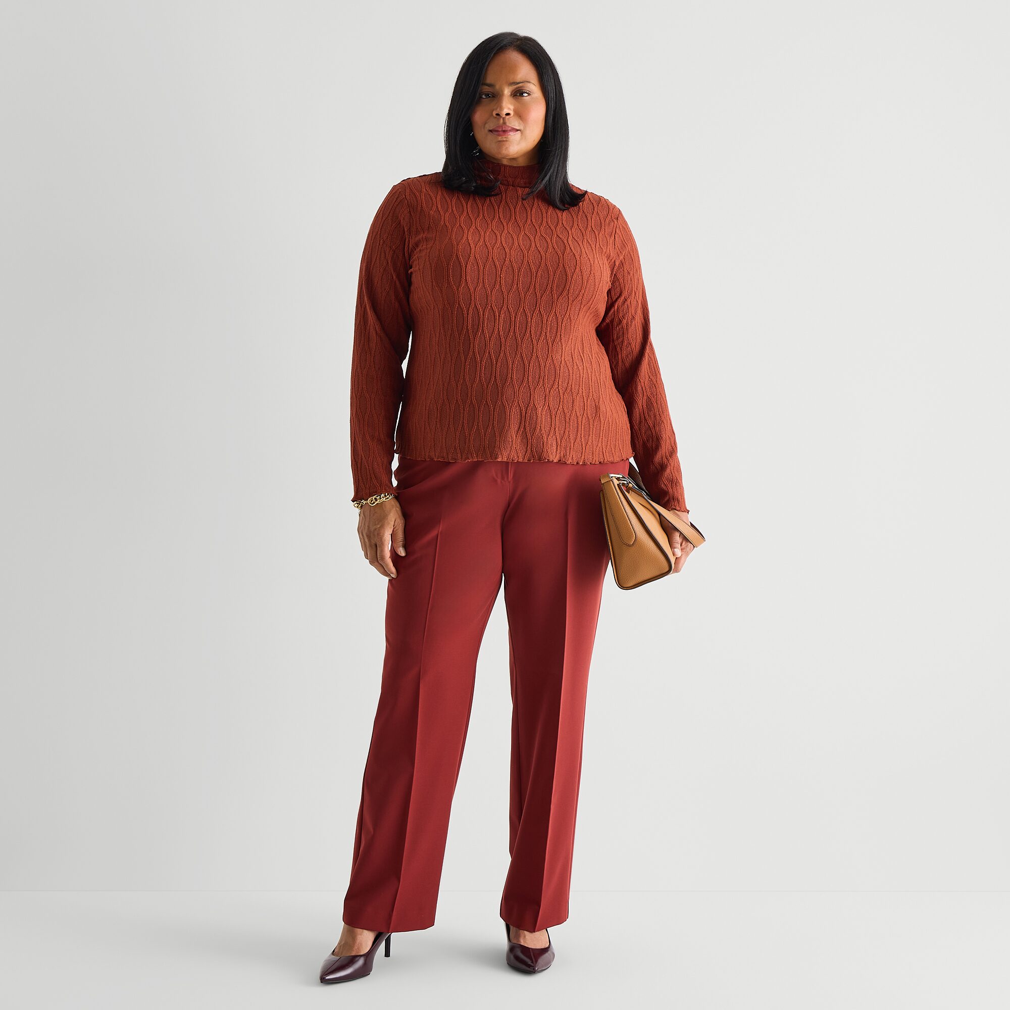 Liz Claiborne Womens Plus Mock Neck Long Sleeve Blouse