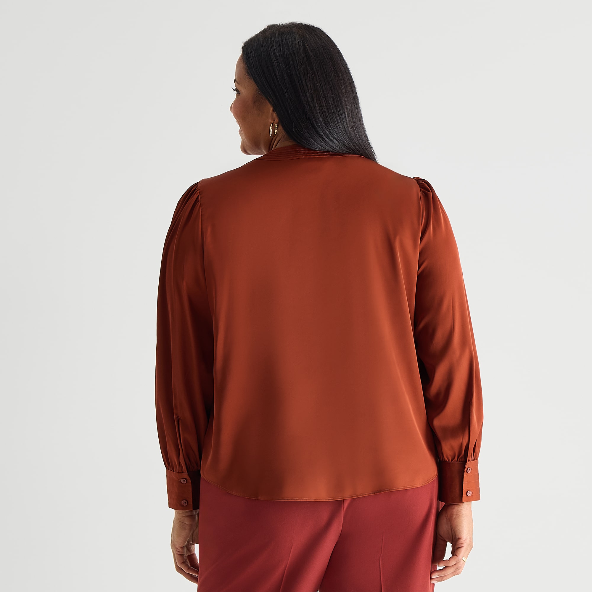 Liz Claiborne Womens Plus Henley Neck Long Sleeve Satin Blouse