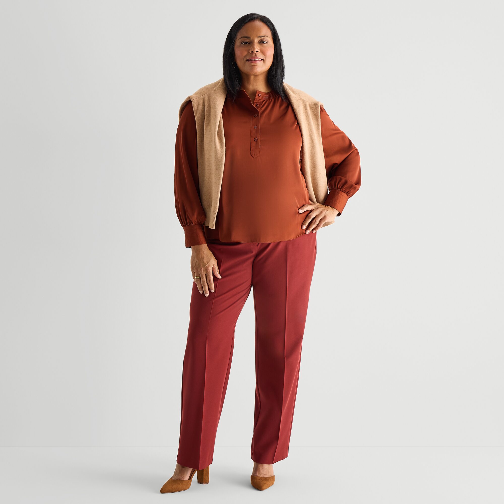 Liz Claiborne Womens Plus Henley Neck Long Sleeve Satin Blouse