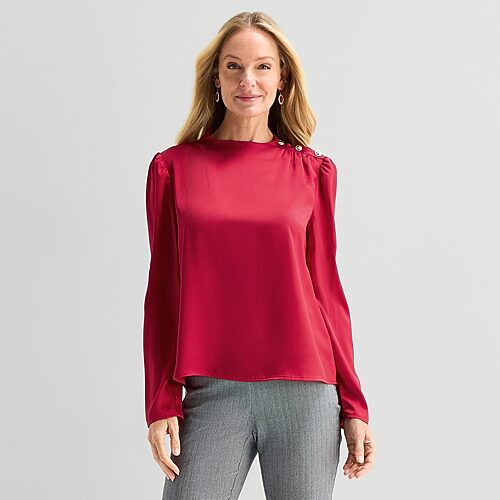 Liz Claiborne Womens Funnel Neck Long Sleeve Blouse, Medium, Red