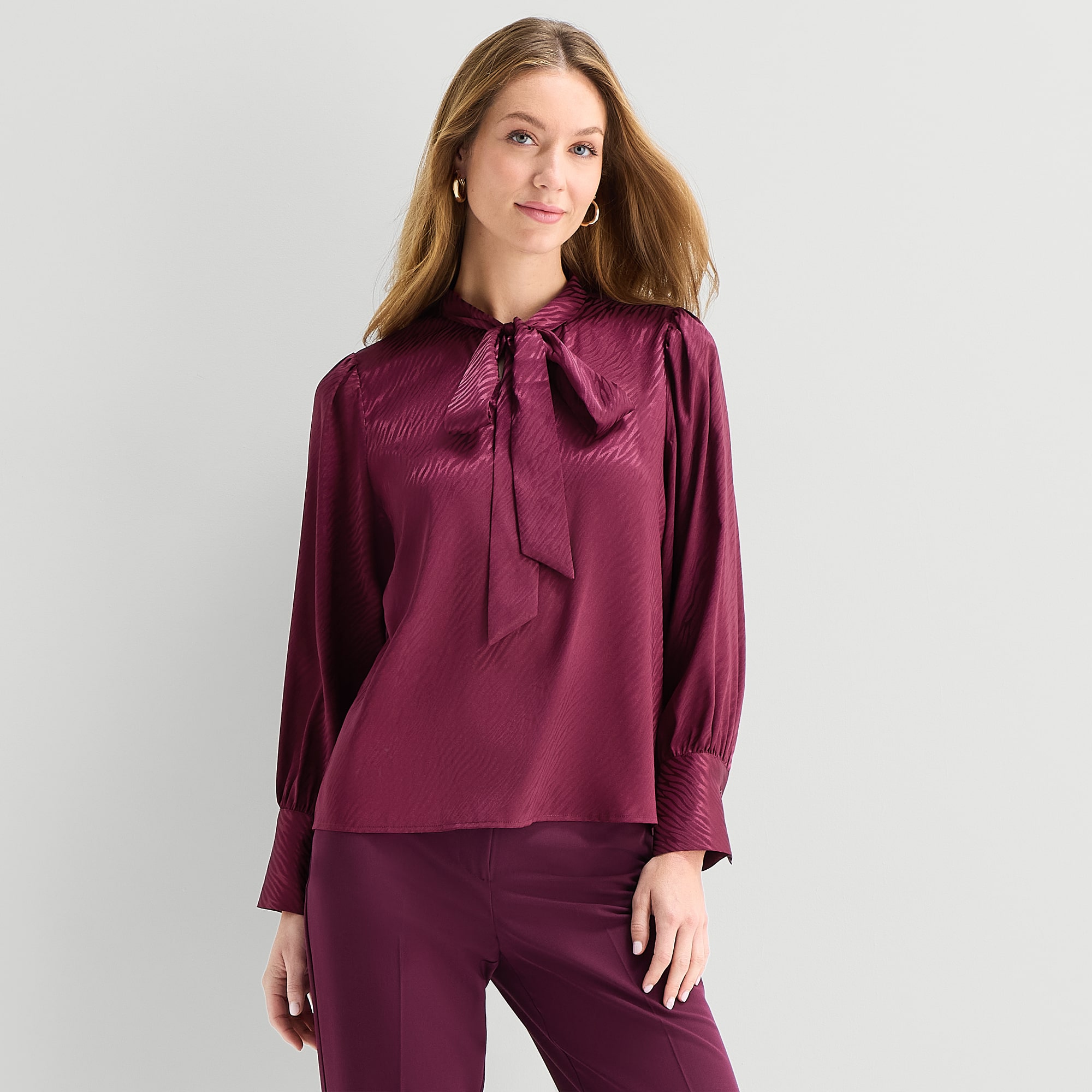 Liz Claiborne Womens Split Tie Neck Long Sleeve Blouse