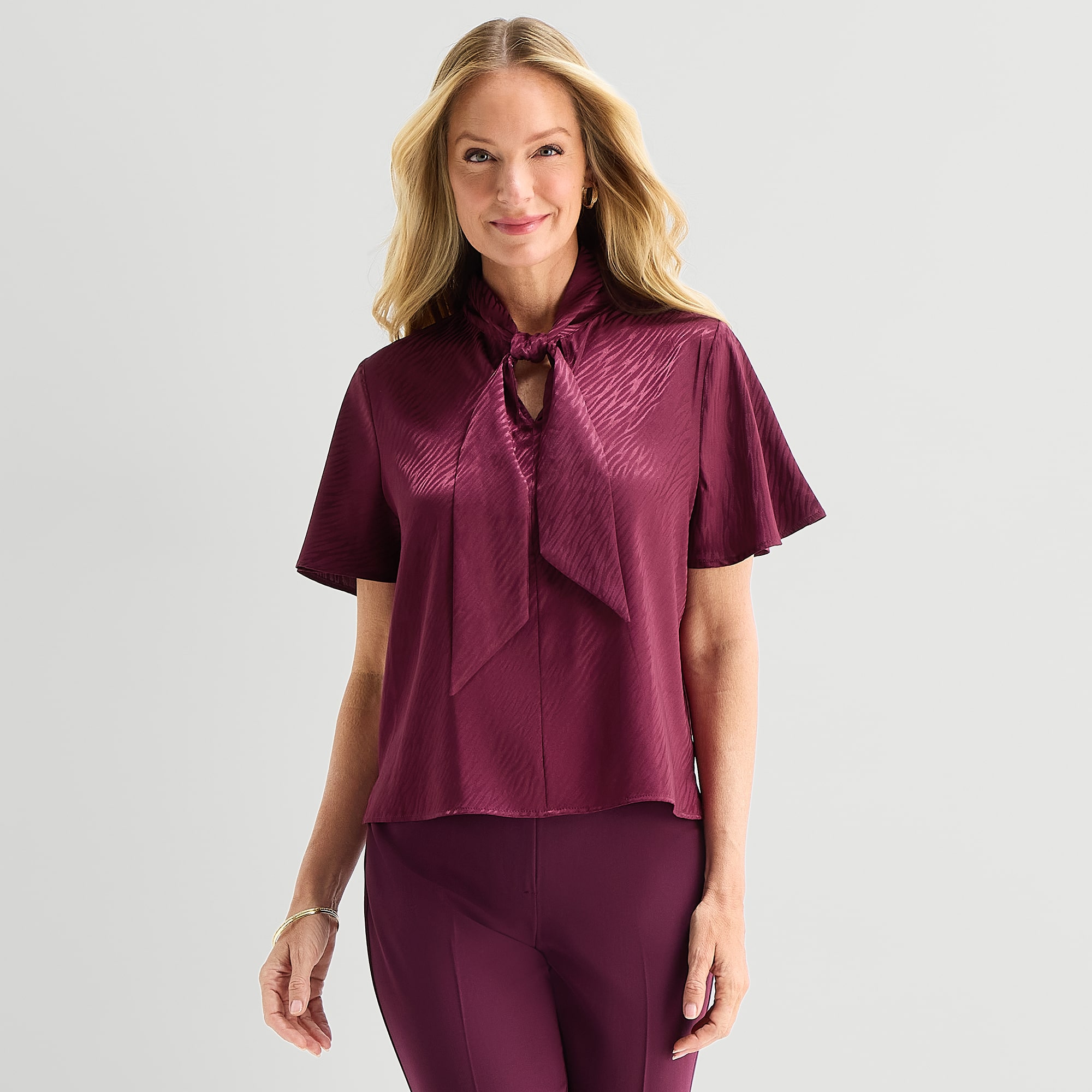 Liz Claiborne Womens Split Tie Neck Short Sleeve Blouse