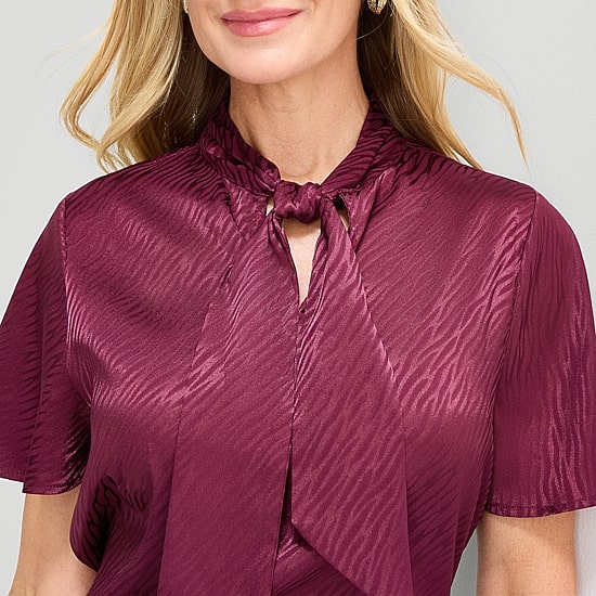 Liz Claiborne Womens Split Tie Neck Short Sleeve Blouse