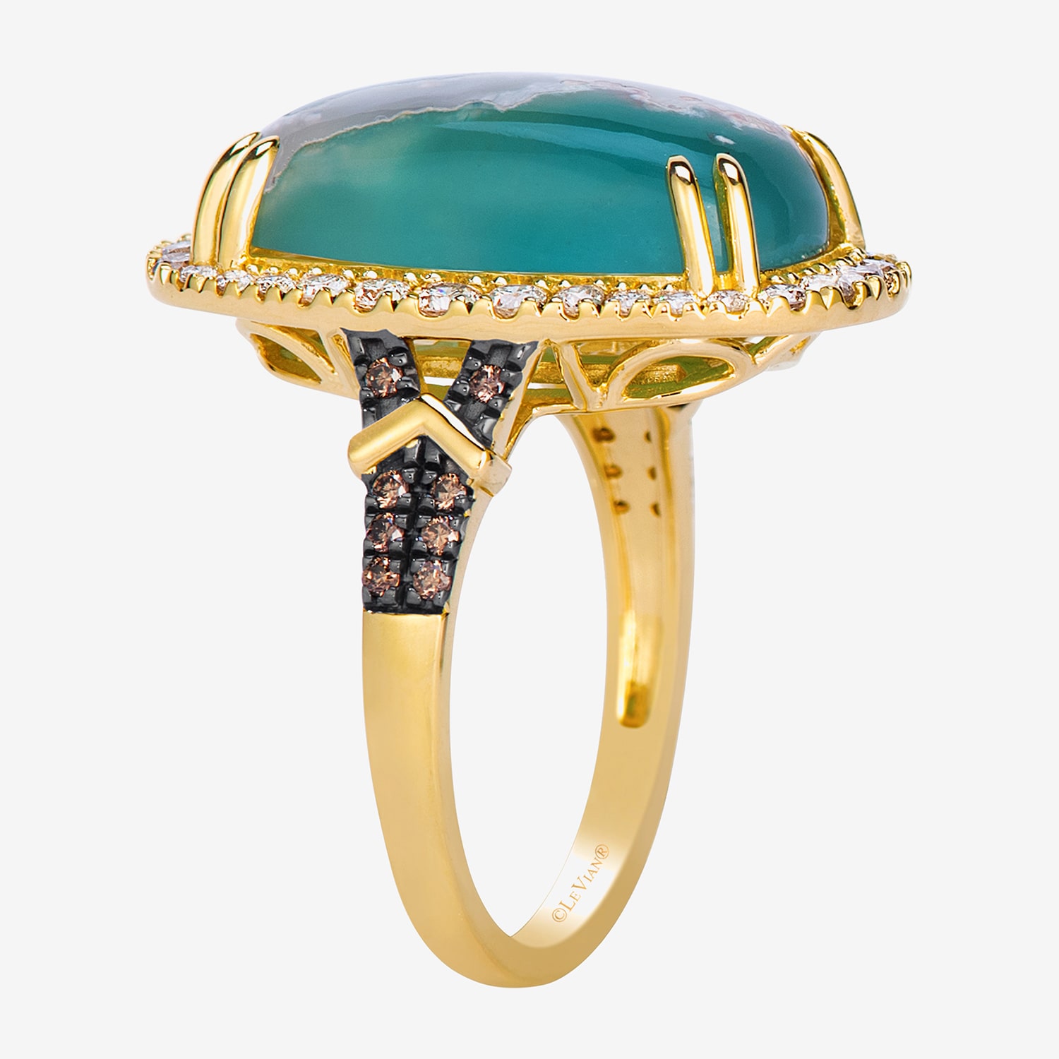 Levian Corp Le Vian Womens 5/8 CT. T.W. Genuine Green Chalcedony 14K Gold Cushion Halo Side Stone Cocktail Ring