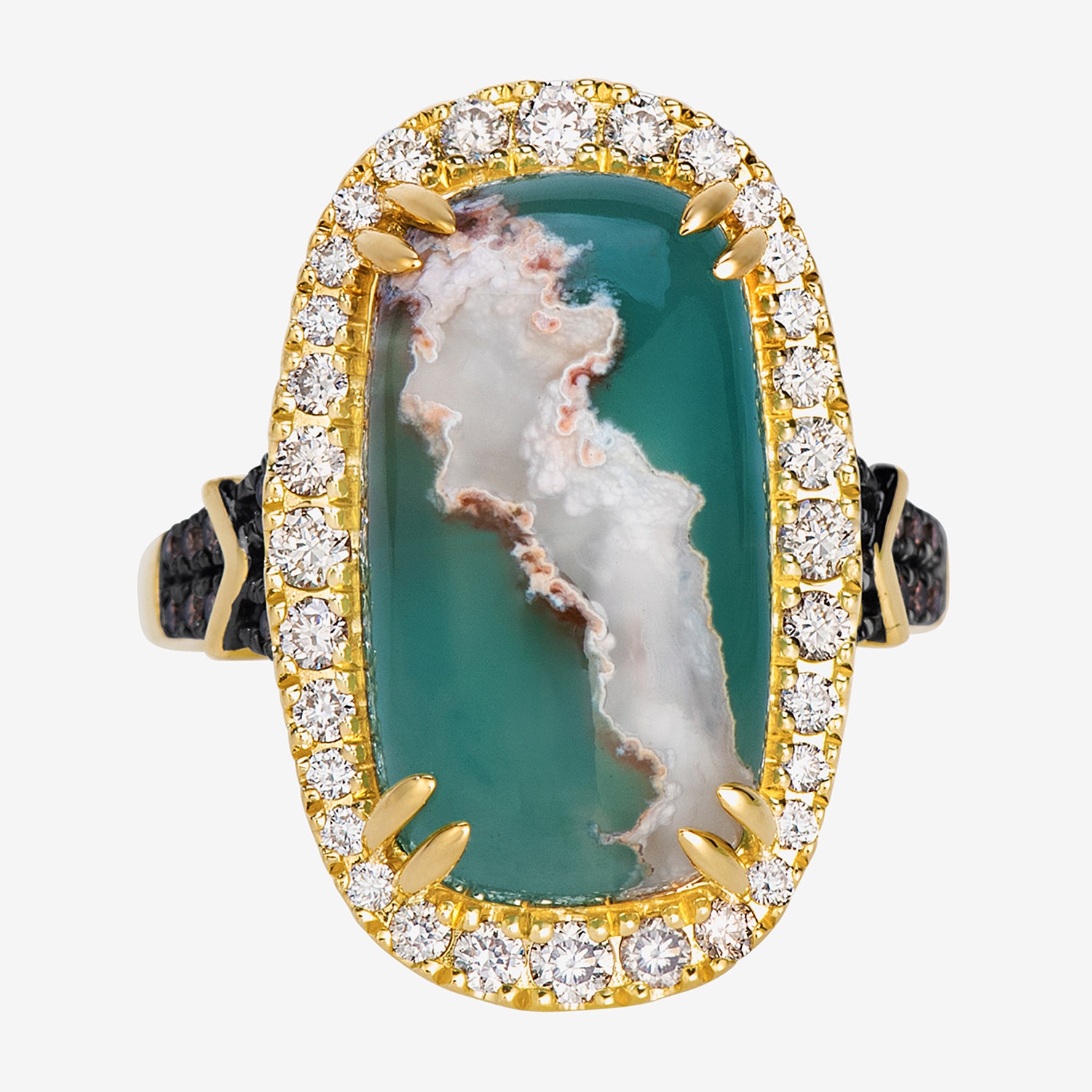 Levian Corp Le Vian Womens 5/8 CT. T.W. Genuine Green Chalcedony 14K Gold Cushion Halo Side Stone Cocktail Ring