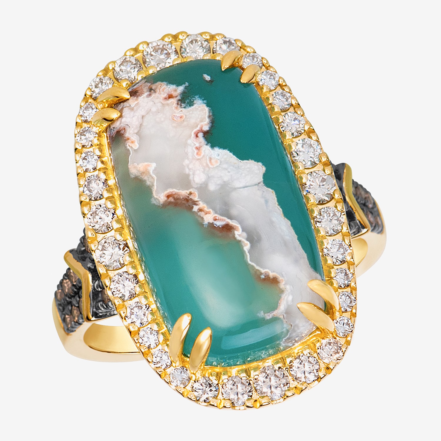 Levian Corp Le Vian Womens 5/8 CT. T.W. Genuine Green Chalcedony 14K Gold Cushion Halo Side Stone Cocktail Ring