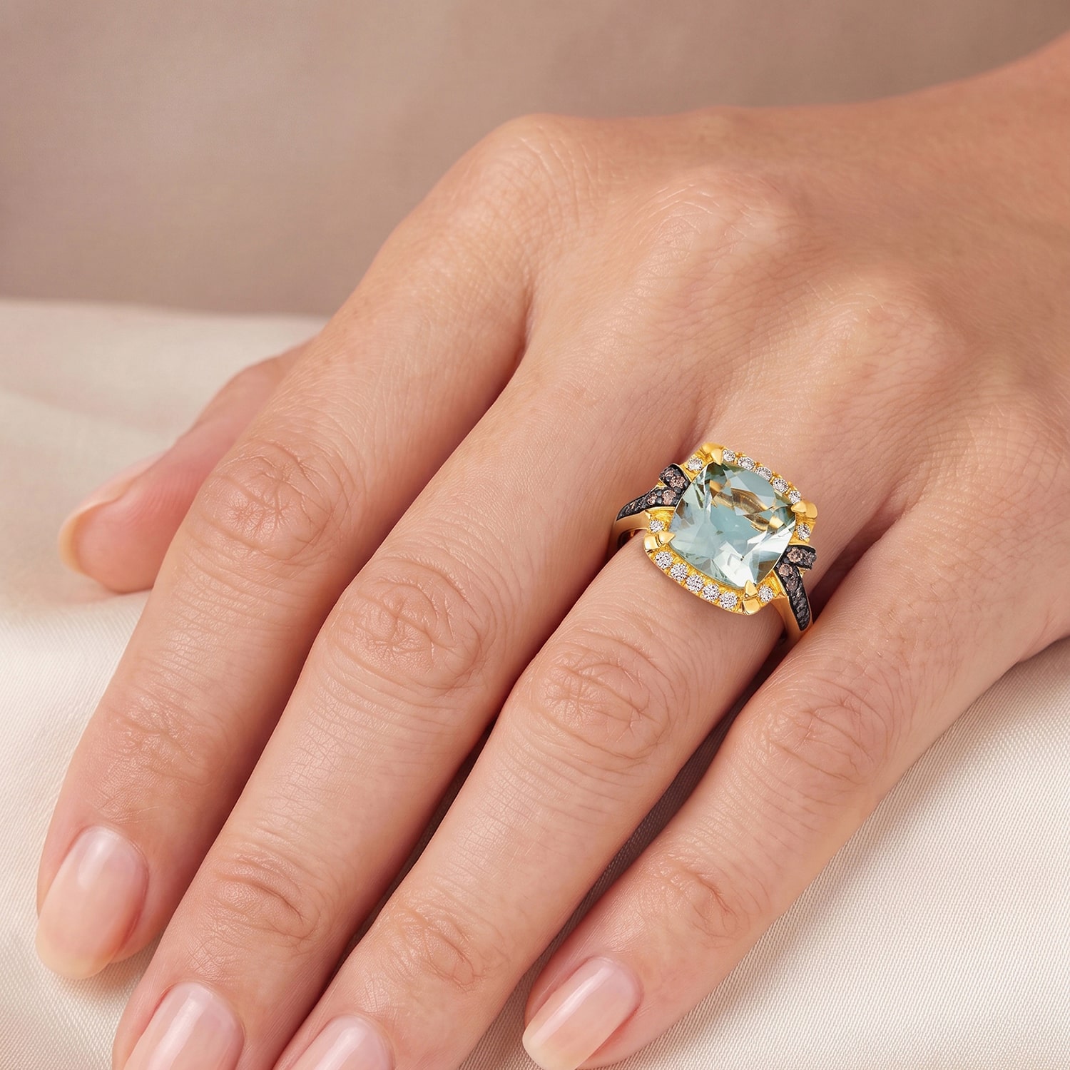 Levian Corp Le Vian Womens 3/8 CT. T.W. Genuine Green Quartz 14K Gold Cushion Side Stone Cocktail Ring
