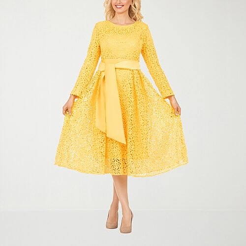 Giovanna Signature Womens Plus Midi Round Neck Long Sleeve Fitted Eyelet Fit + Flare Dress, 22w, Yellow